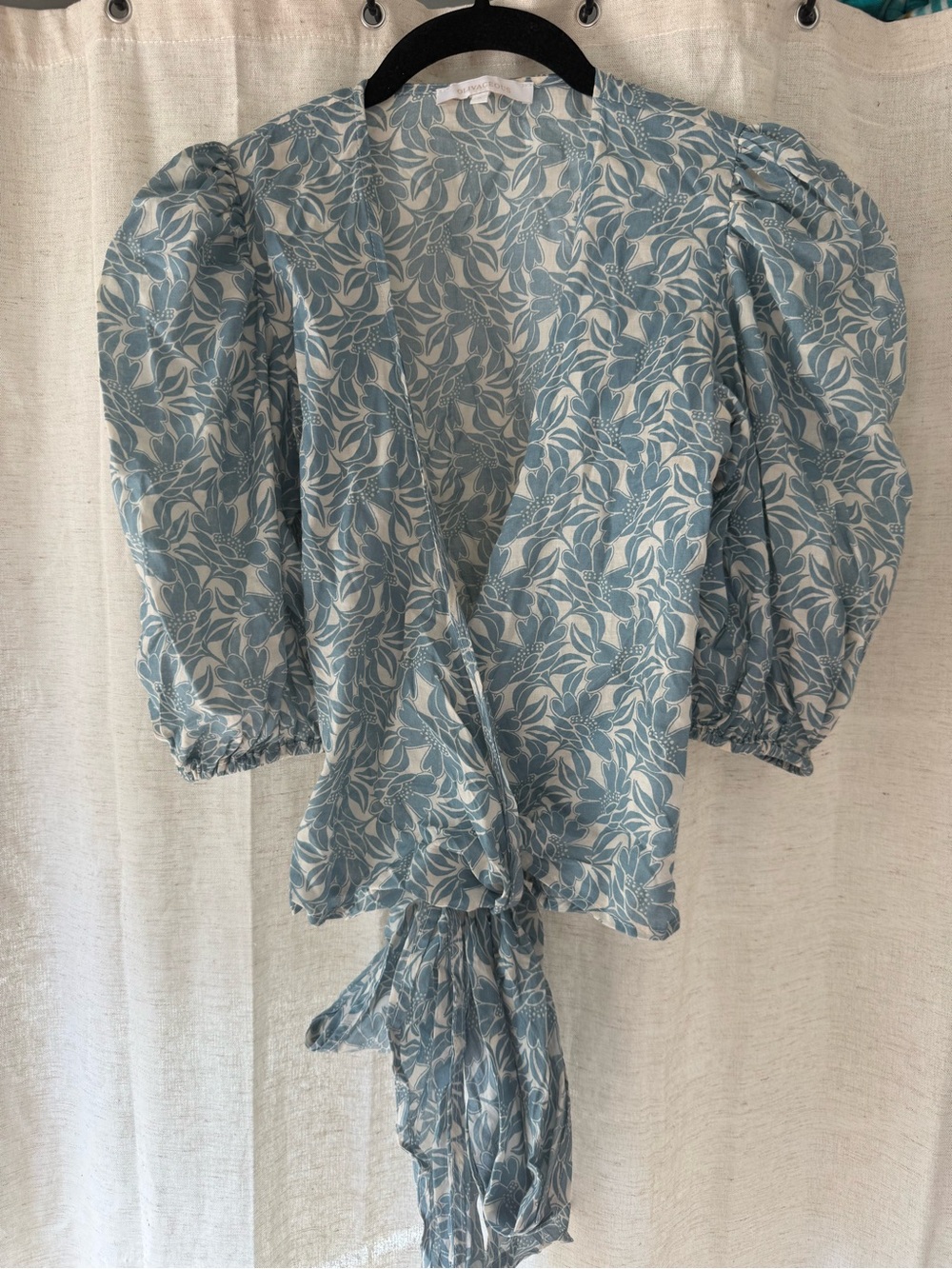 Olivaceous Dusty Blue Floral Wrap Blouse with Puff Sleeves